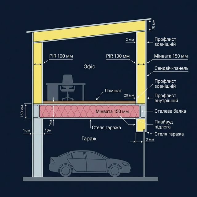 Разрез стены и перекрытия гаража с офисом — утепление PIR 100 мм и звукоизоляция минватой 150 мм