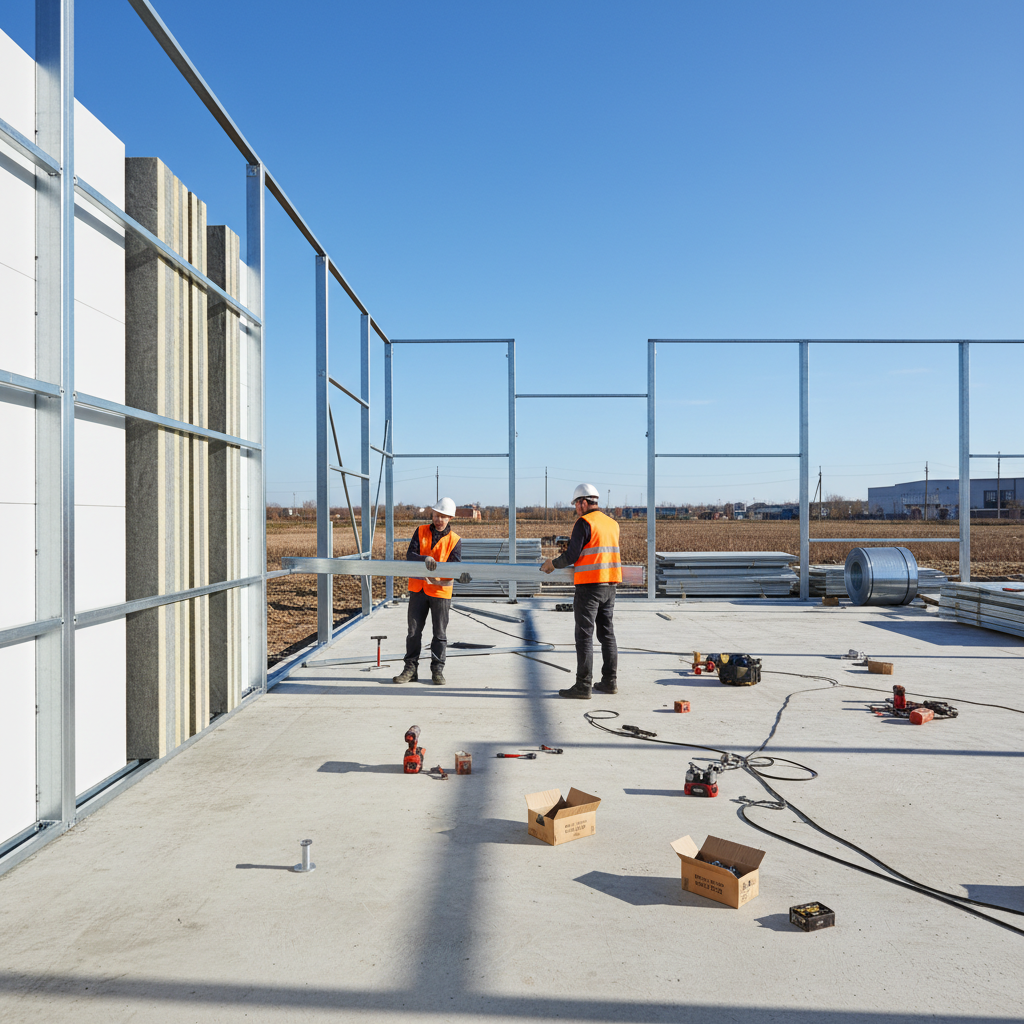 Монтаж ЛСТК-каркаса мастерской — рабочие собирают стальную конструкцию