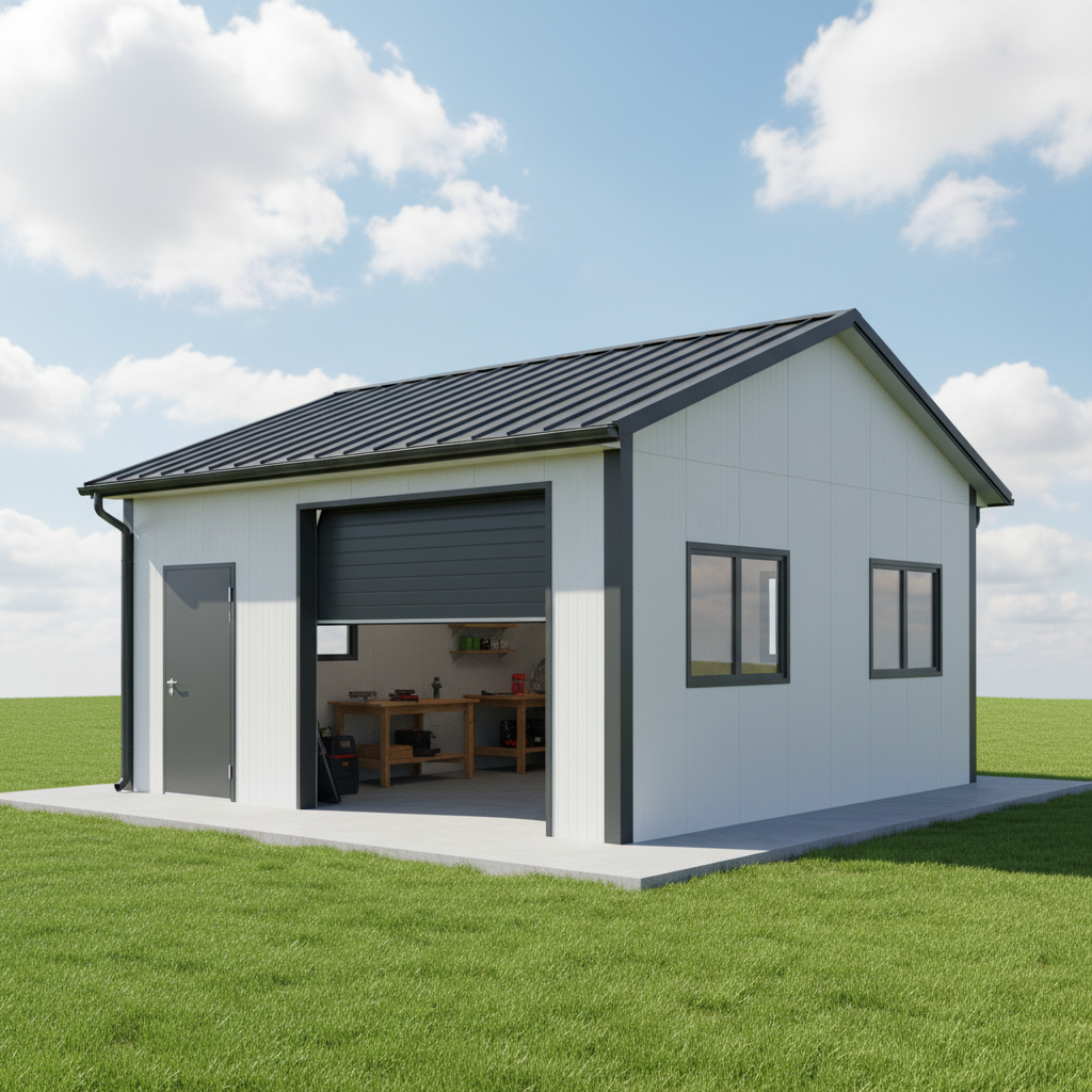 Готовая мастерская из сэндвич-панелей — белые панели, секционные ворота, бетонный фундамент