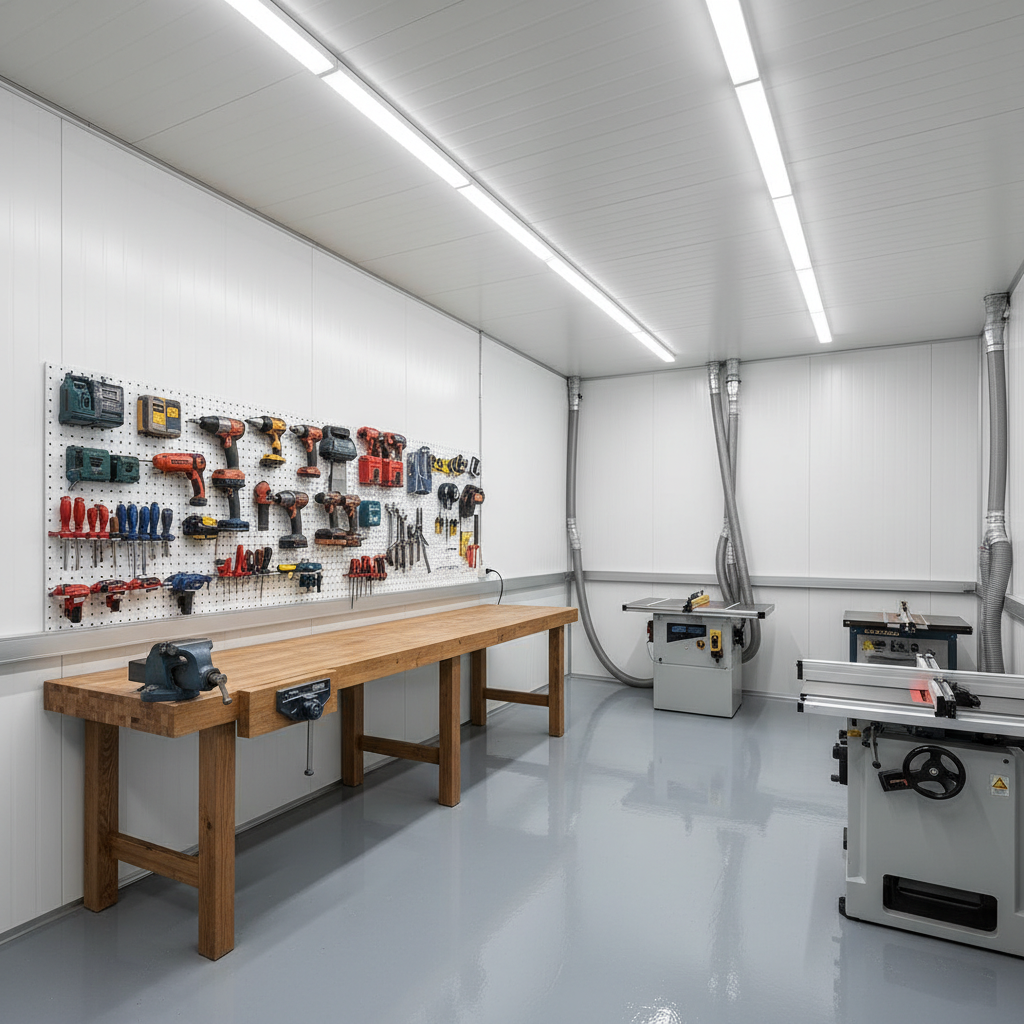 Интерьер обустроенной мастерской — верстак, инструменты, LED-освещение