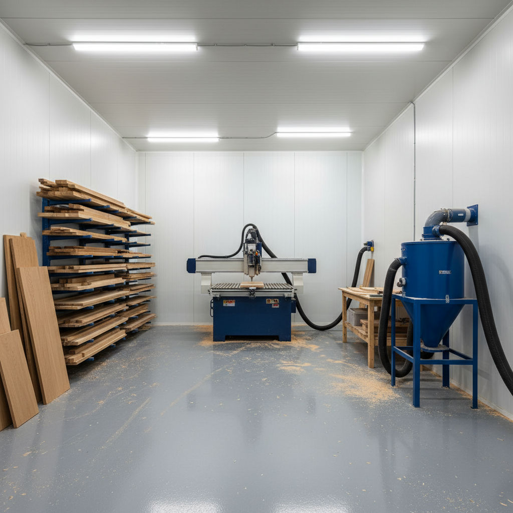 Столярная мастерская из сэндвич-панелей — ЧПУ-фрезер, стеллаж с деревом, циклон
