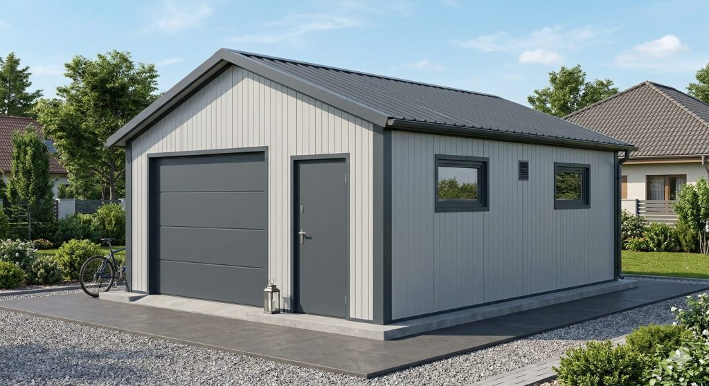 Гараж из сэндвич панелей 4 на 6 м. Двух скатная крыша. с дверями и окнами.