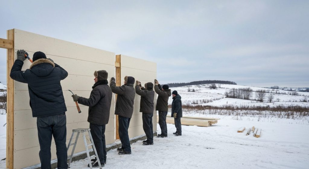 Монтаж гаражу зі сендвіч-панелей взимку — бригада встановлює панелі на фоні снігу